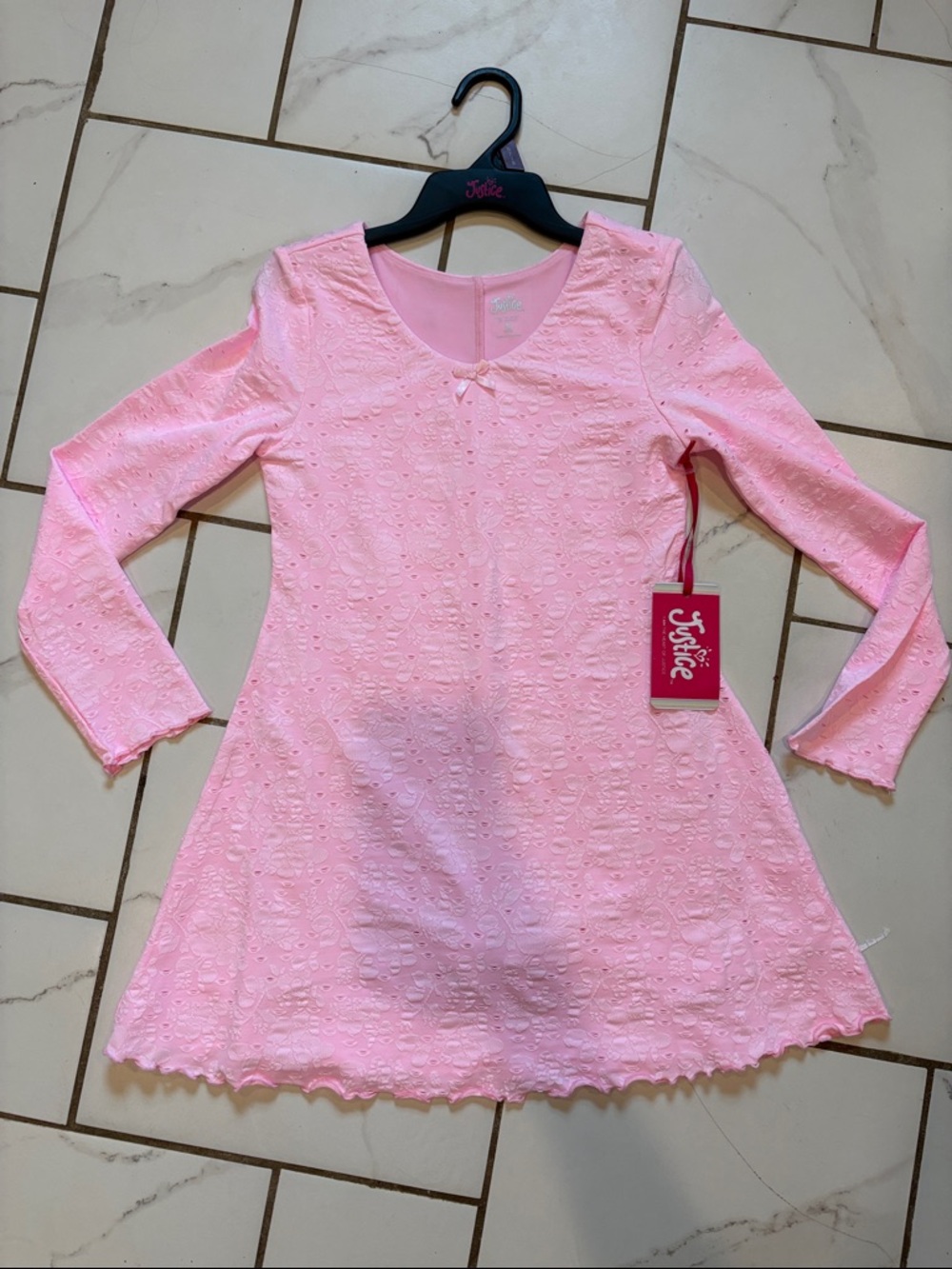NWT Cute Justice Pink Eyelet Long Sleeve Skater Dress w/ Shorts - size 7/8